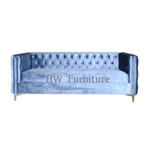 3 seats Blue Velvet Lounge Sofa With Golden Stainless Steel Legs