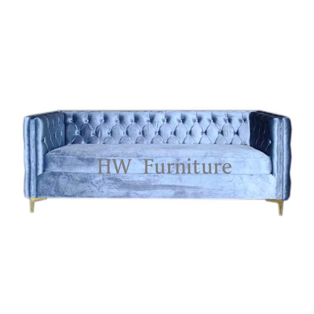 3 seats Blue Velvet Lounge Sofa With Golden Stainless Steel Legs