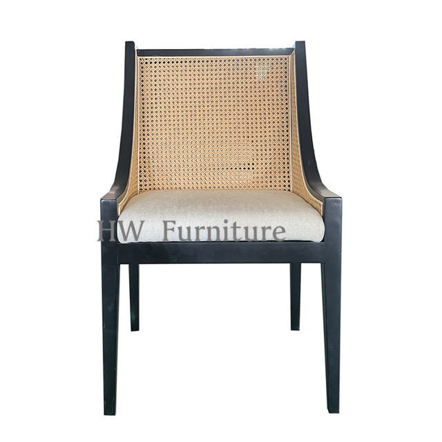 Black Solid Wood Frame Dining Chair With Rattan Back