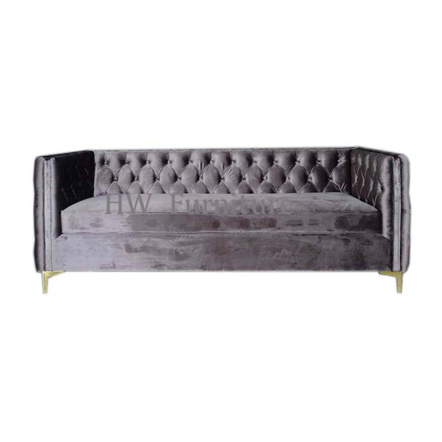 3 seats Grey Velvet Lounge Sofa With Stainless Steel Legs