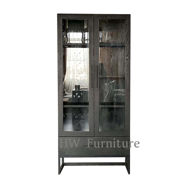 Solid Wood Glass Black Bar Cabinet With Iron Feet 