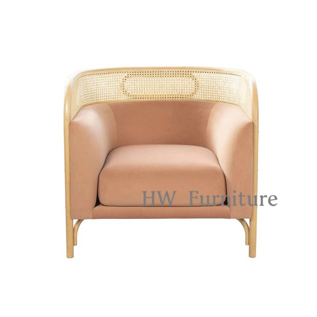 Pink Velvet Lounge Chairs With Rattan Frame For Home & Wedding Furniture Use