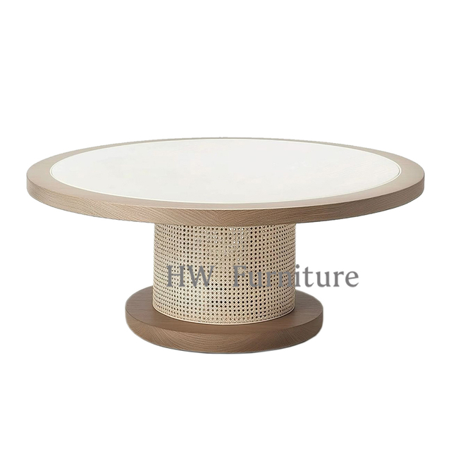 Round Solid Wood Dining Table With Rattan Base For Dining Room & Wedding Furniture Use