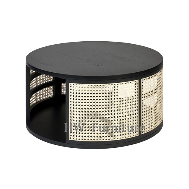 Black Round Wooden Coffee Table With Rattan Frame/Tea Table For Home & Wedding Furniture Use