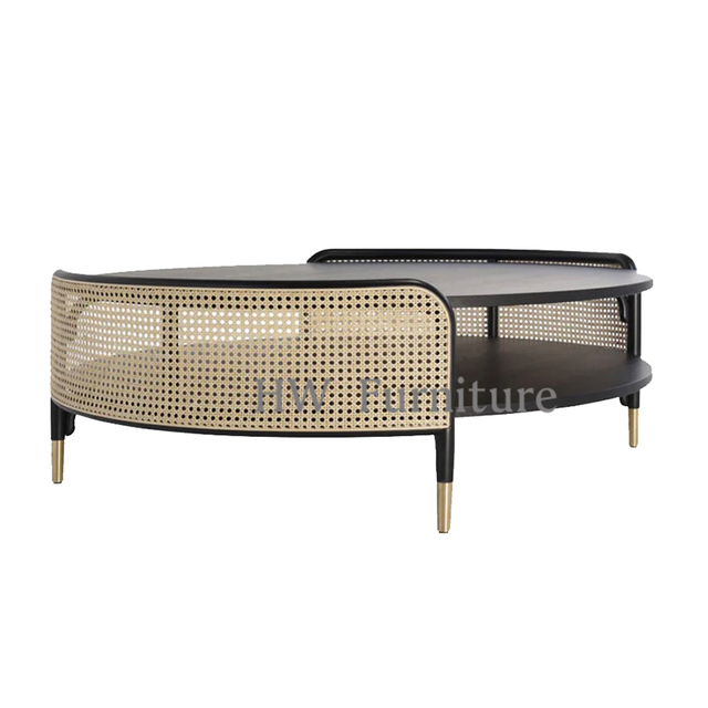 Round Black Wooden Coffee Table With Rattan For Home & Wedding Furniture Use