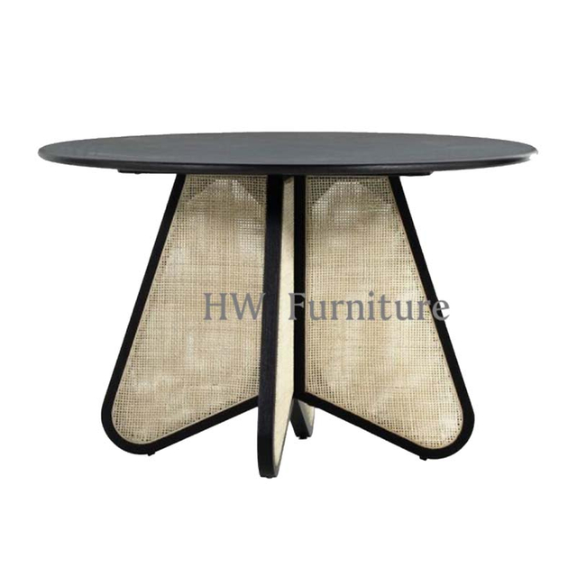 Black Round Solid Wood Dining Table With Rattan Base For Dining Room & Wedding Furniture Use